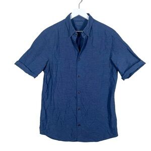 All Saints Men’s Avila Navy Blue Short Sleeve Button Up Cotton Shirt Size Large
